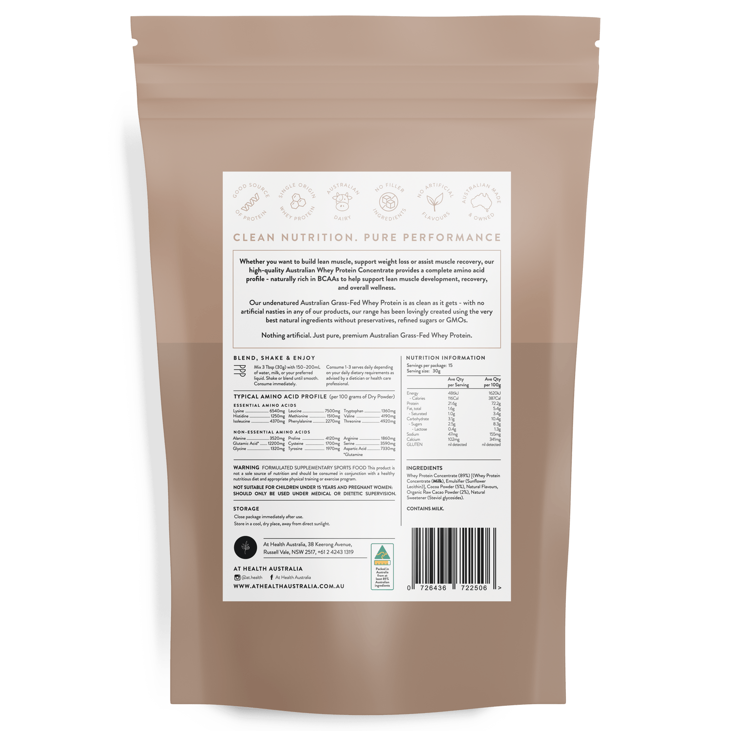 At Health Australia Australian Grass-Fed Whey Protein Concentrate - Choc Crème