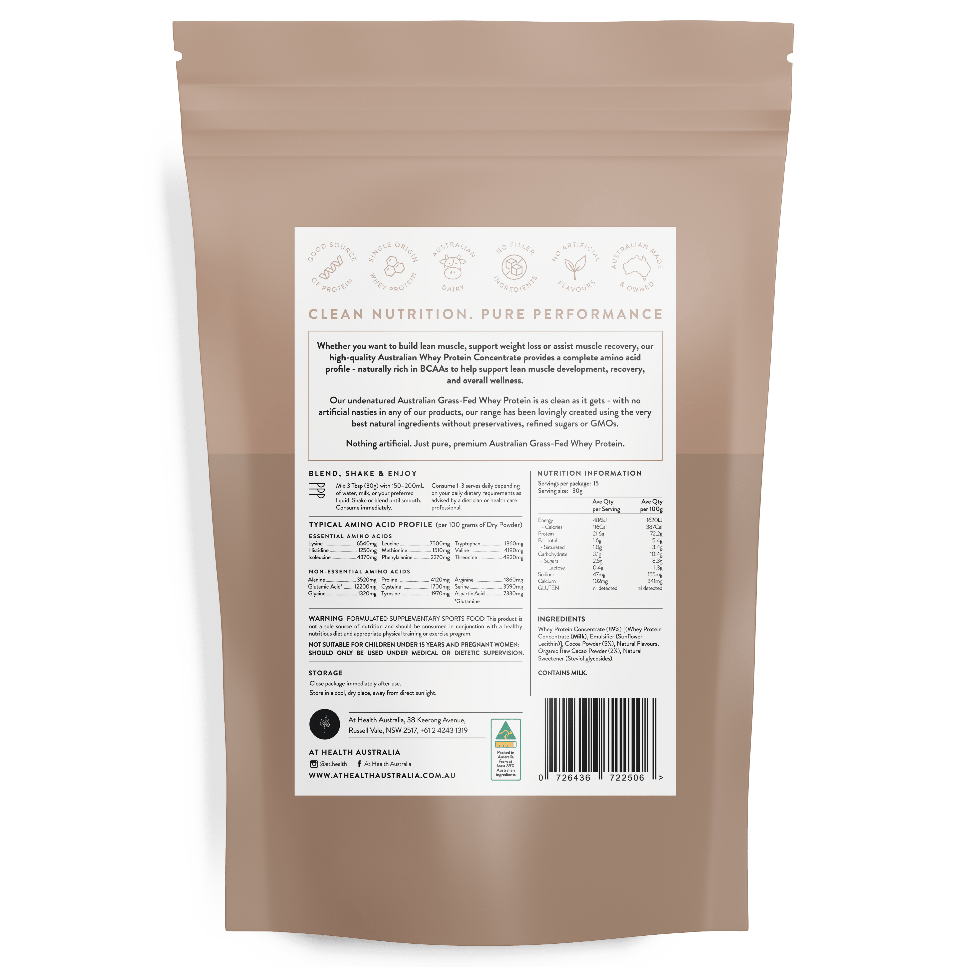 At Health Australia Australian Grass-Fed Whey Protein Concentrate - Choc Crème