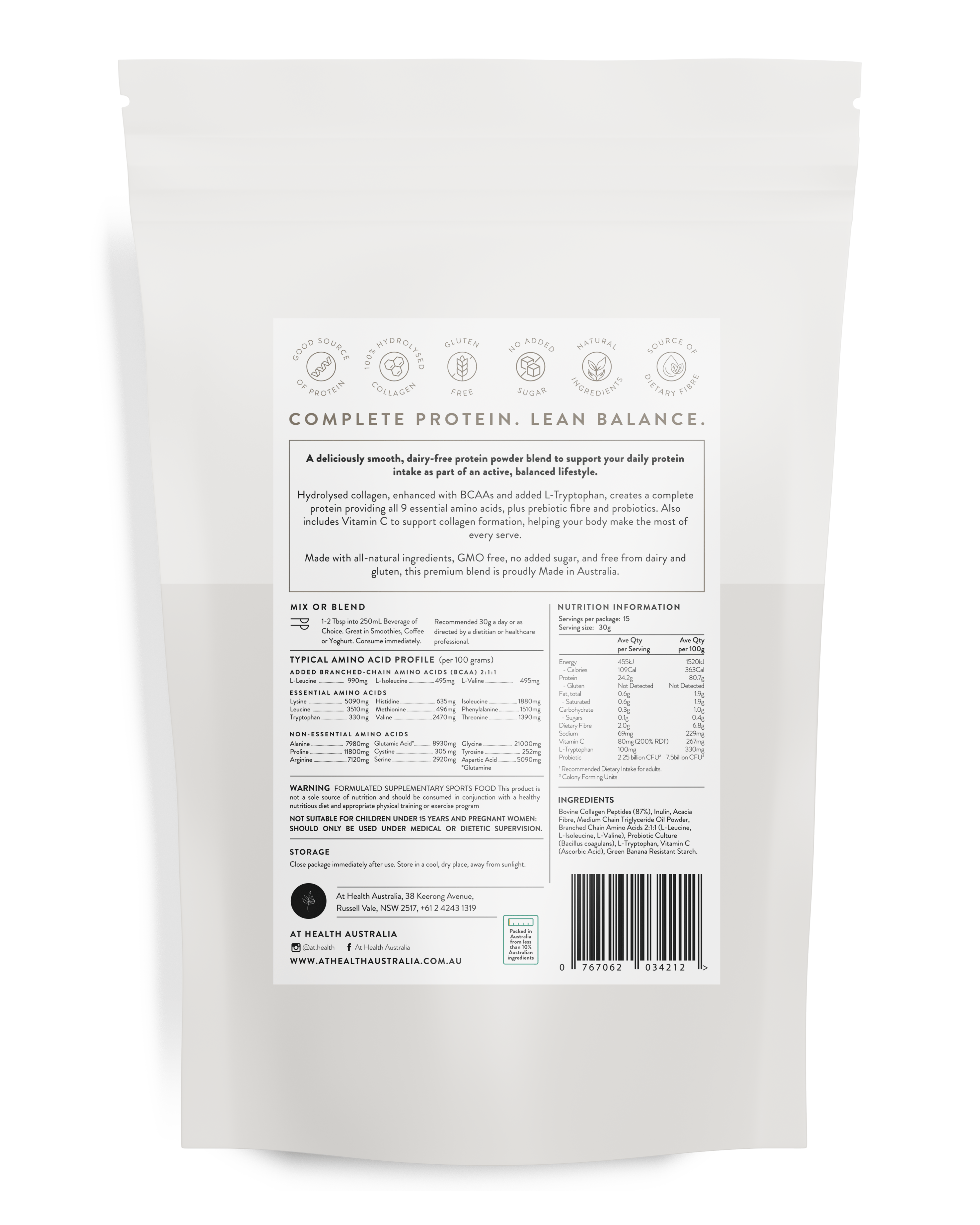 At Health Australia Pty Ltd Collagen Protein Unflavoured Lean Balance Protein Powder - Unflavoured