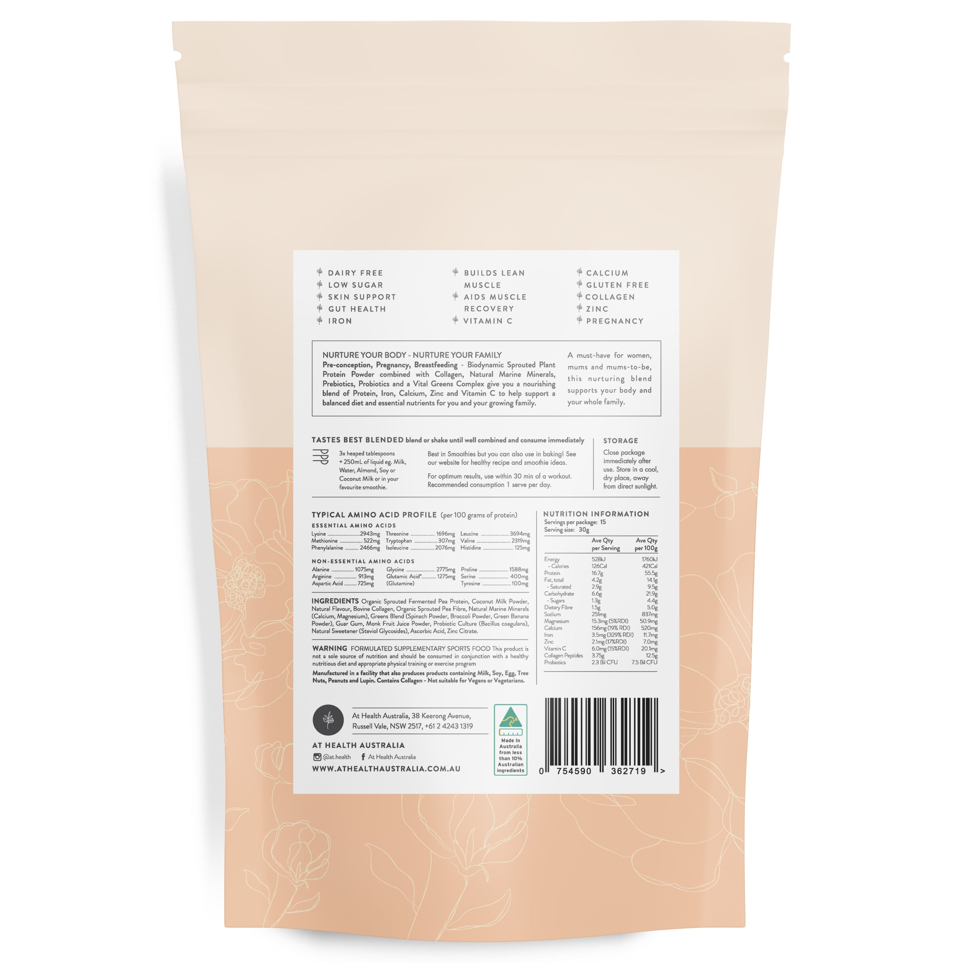 At Health Australia SMALL (450g ) 15 serves Nurture Protein with Collagen - Vanilla Crème Caramel