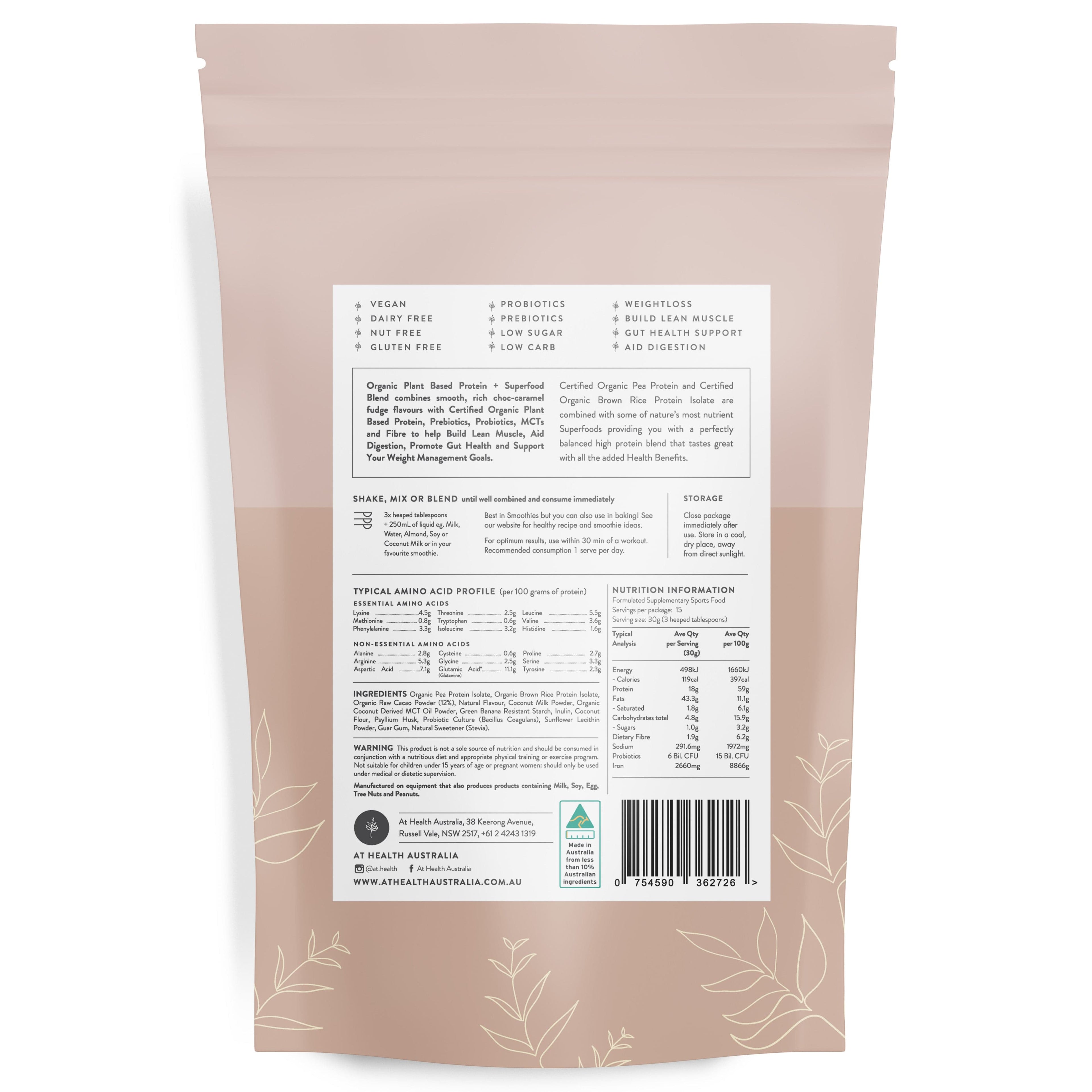 At Health Australia Vegan Vegan Organic Plant Based Protein Powder - Choc-Caramel Fudge