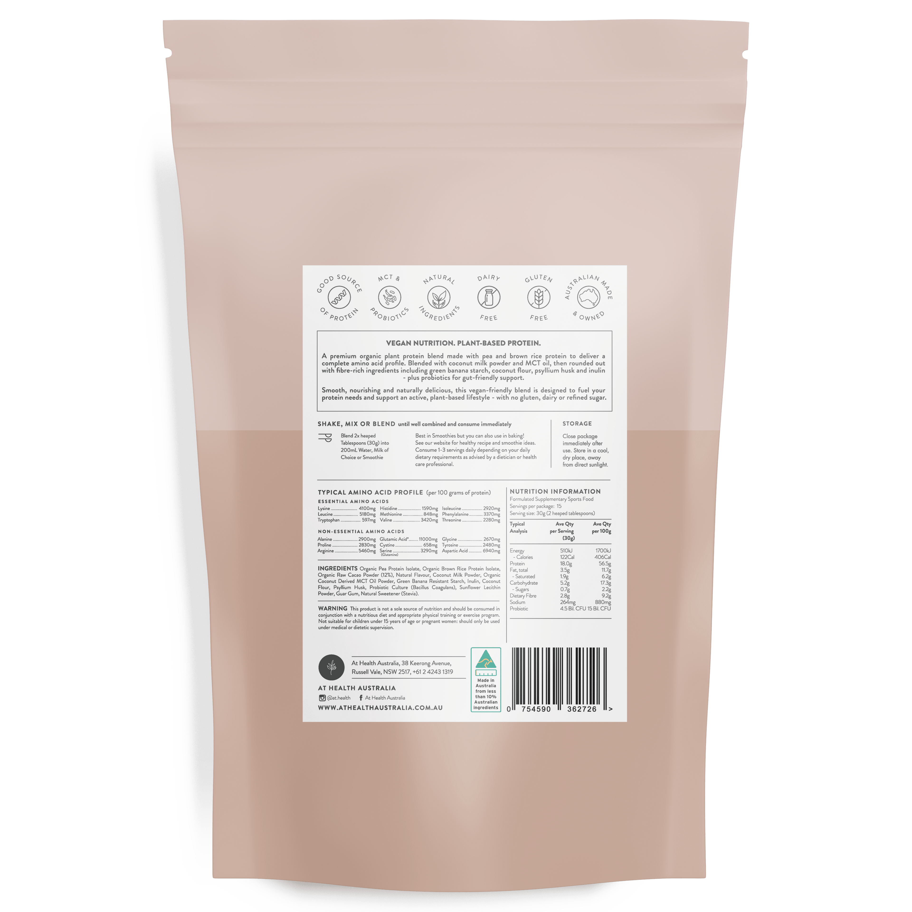 At Health Australia Vegan Vegan Organic Plant Based Protein Powder - Choc-Caramel Fudge