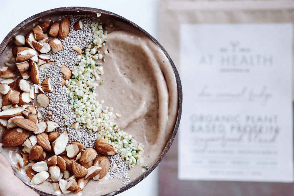 At Health Australia Chocolate Caramel Fudge Vegan Smoothiebowl best tasting vegan protein australia! You will love this chocolate protein smoothie recipe!