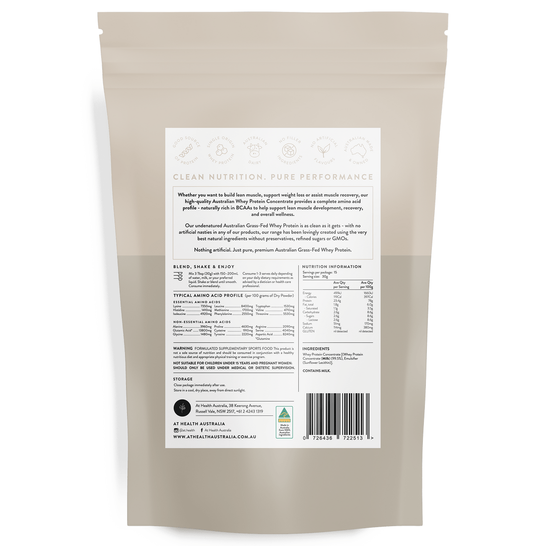 At Health Australia Australian Grass-Fed Whey Protein Concentrate - Natural