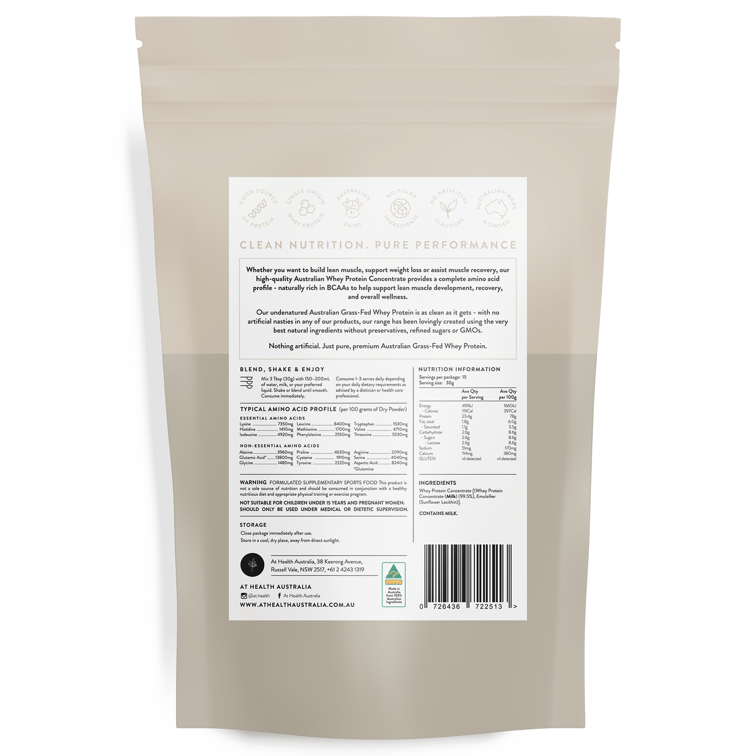 At Health Australia Australian Grass-Fed Whey Protein Concentrate - Natural