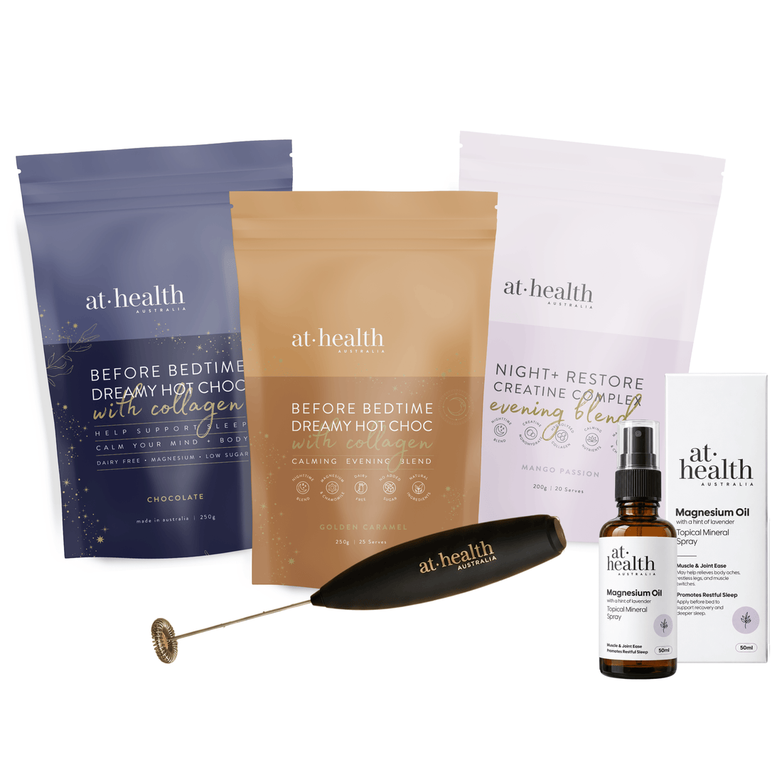 At Health Australia Bundle Wind Down Bundle - Before Bedtime Hot Chocolate, Night+ Restore, Magnesium Spray + FREE Whizz