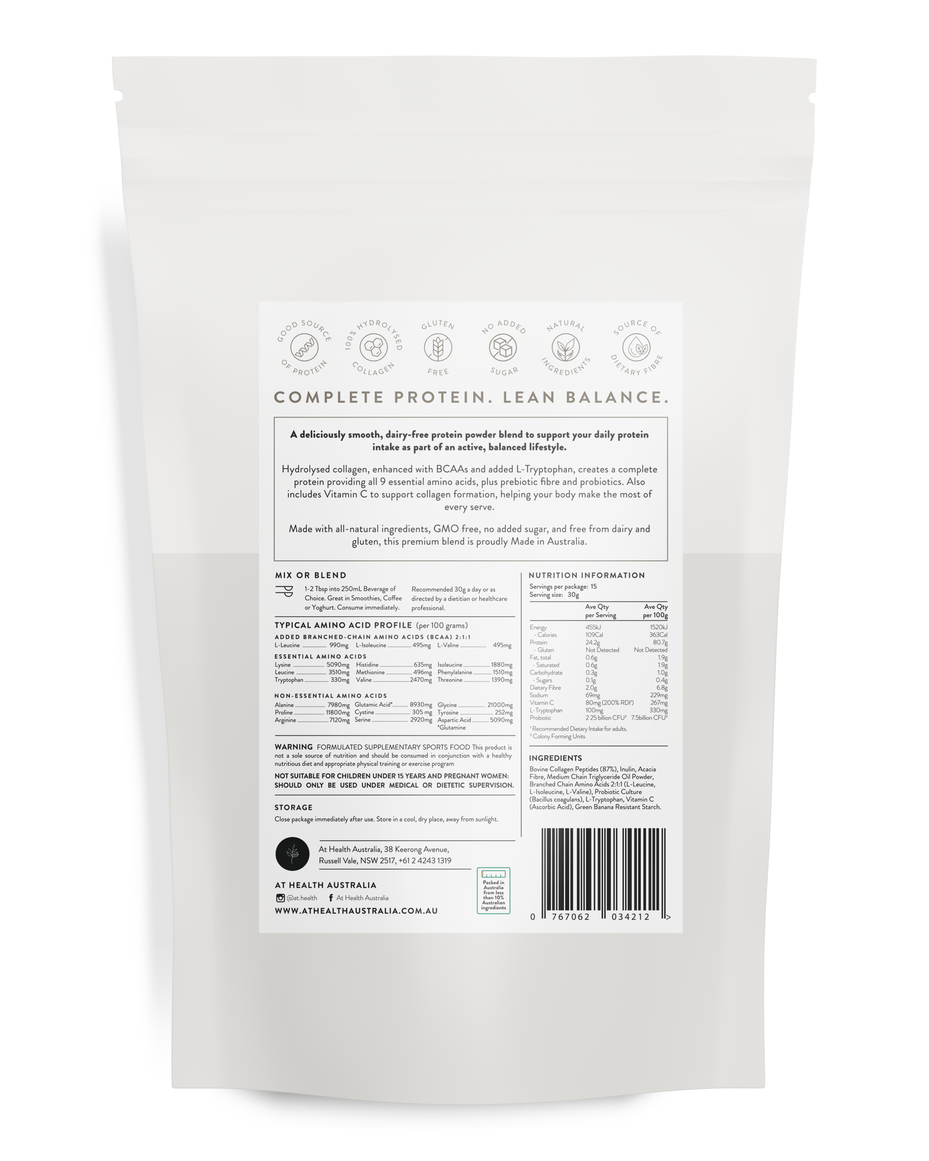 At Health Australia Pty Ltd Collagen Protein Unflavoured Lean Balance Protein Powder - Unflavoured