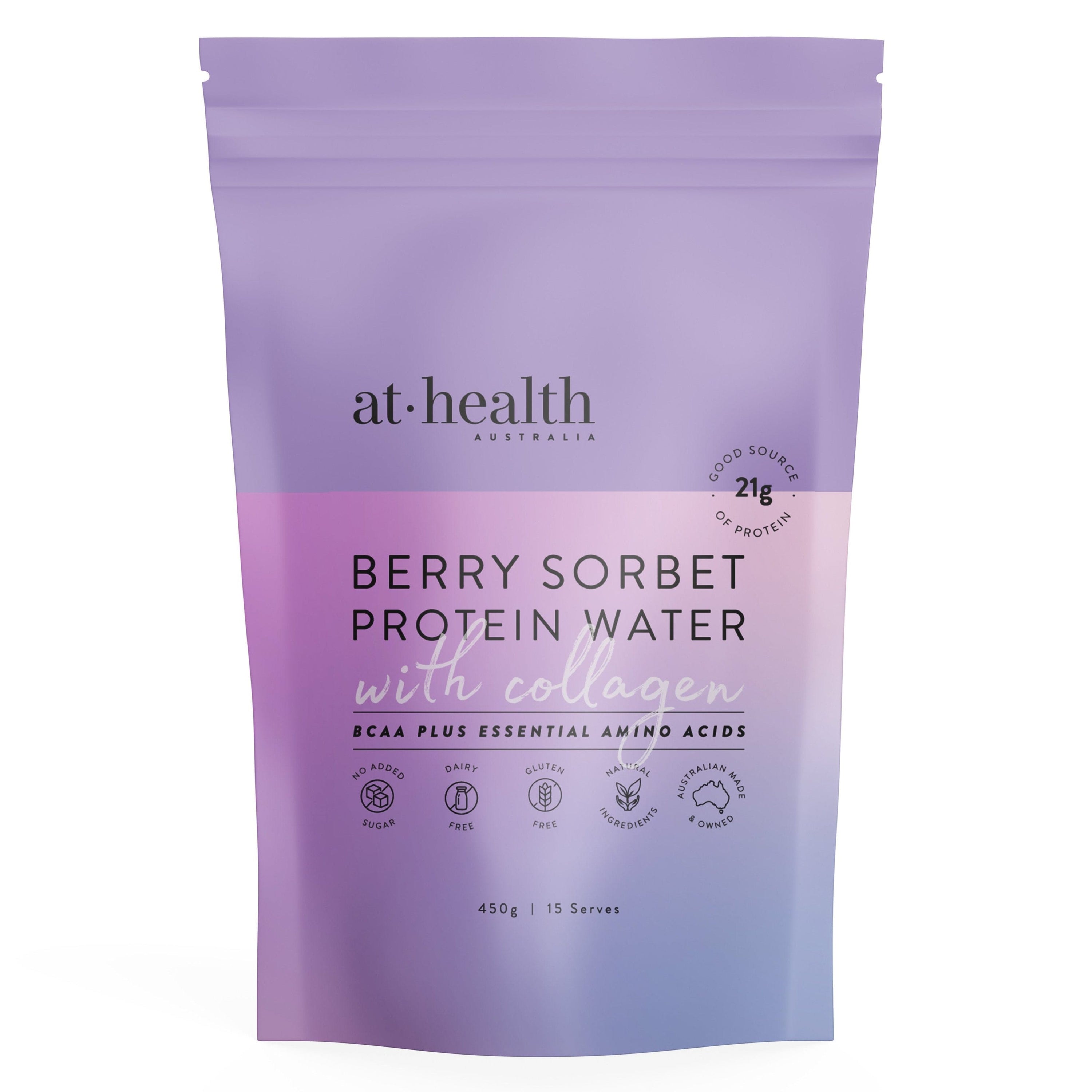 At Health Australia Pty Ltd DAIRY Berry Sorbet 450g ( 15 serves ) Protein Water with Collagen, Hydration Salts &amp; BCAA - Berry Sorbet