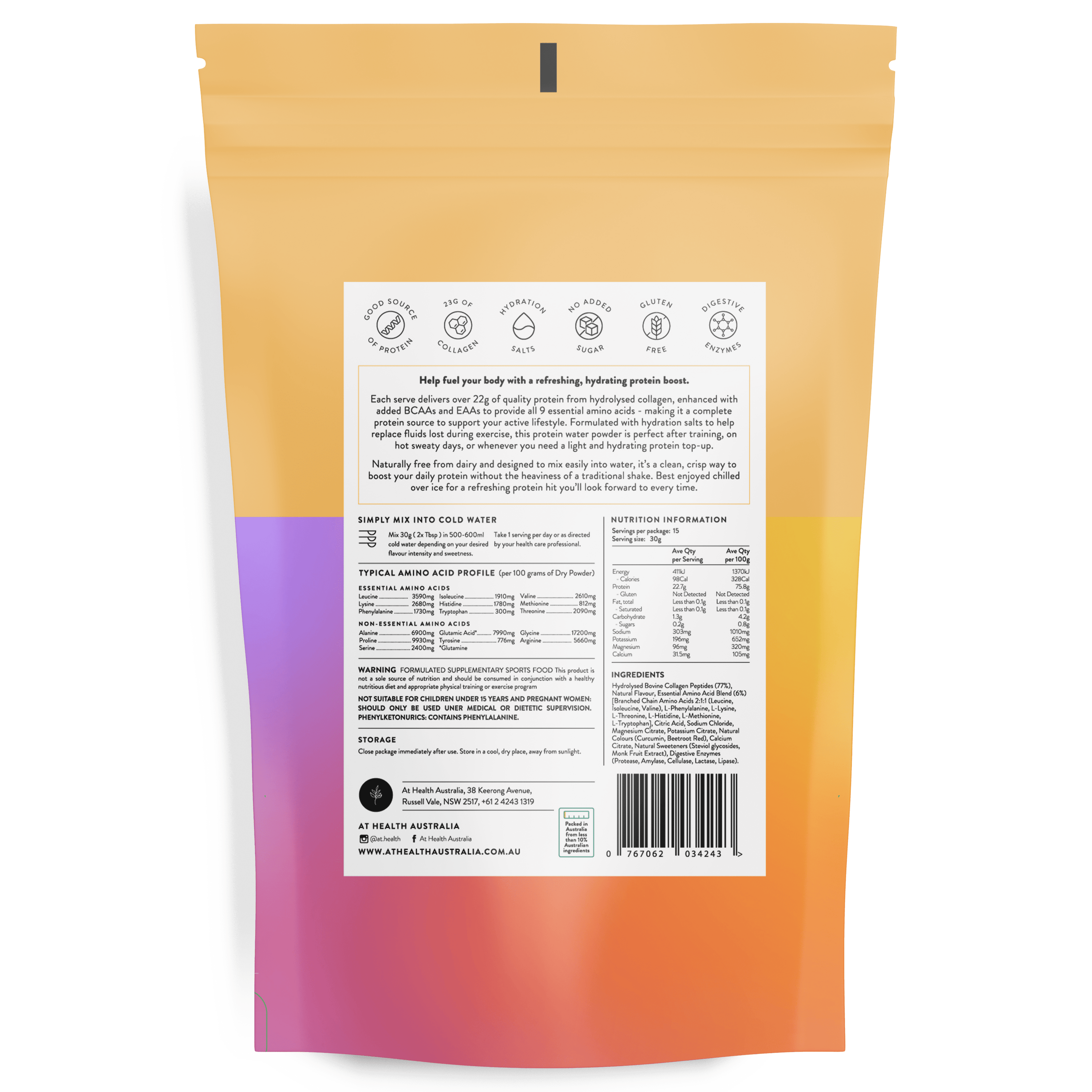 At Health Australia Pty Ltd Protein Water Passion Mango Protein Water with Collagen, Hydration Salts &amp; BCAA - Passion Mango