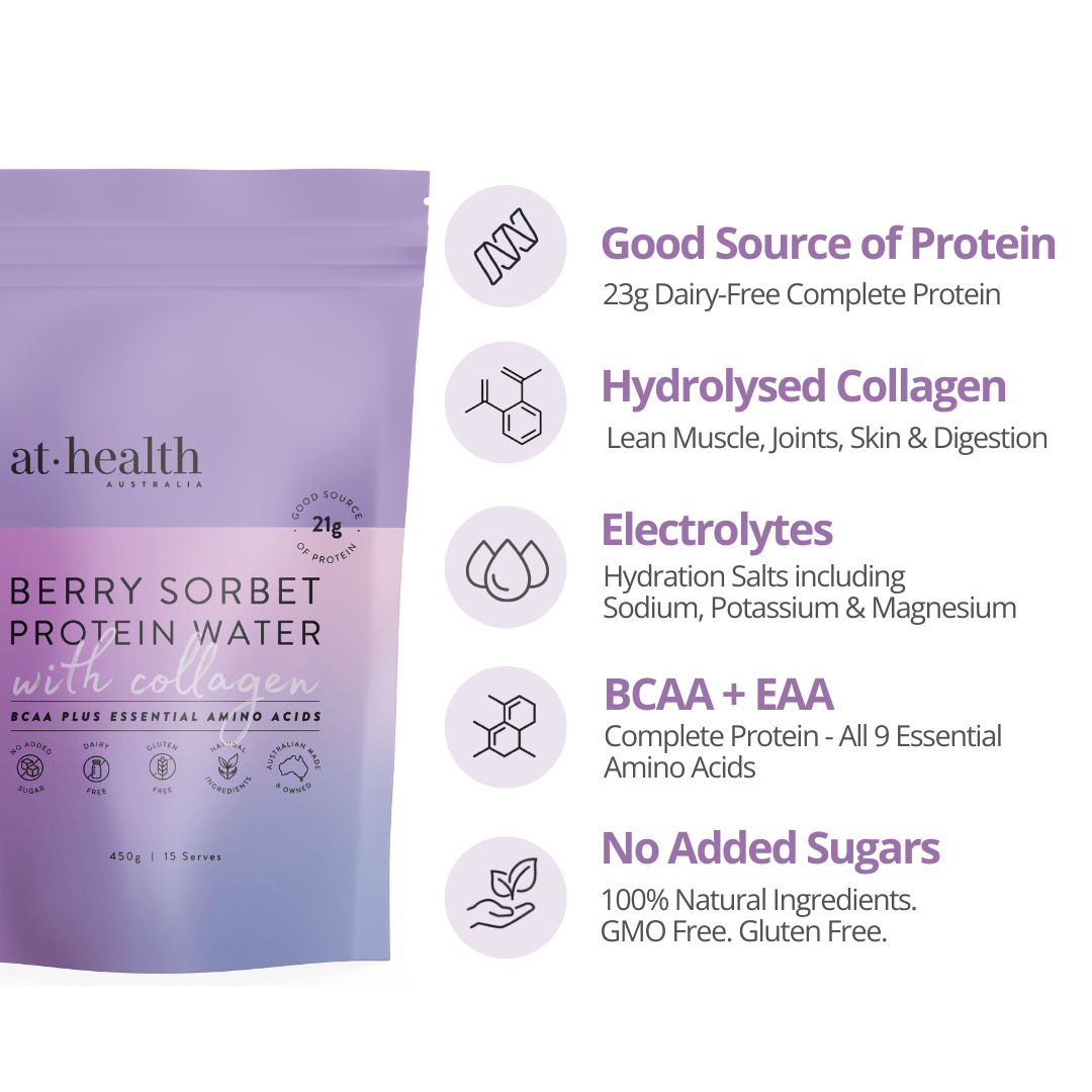 At Health Australia Pty Ltd Protein Water Protein Water with Collagen, Hydration Salts &amp; BCAA - Berry Sorbet