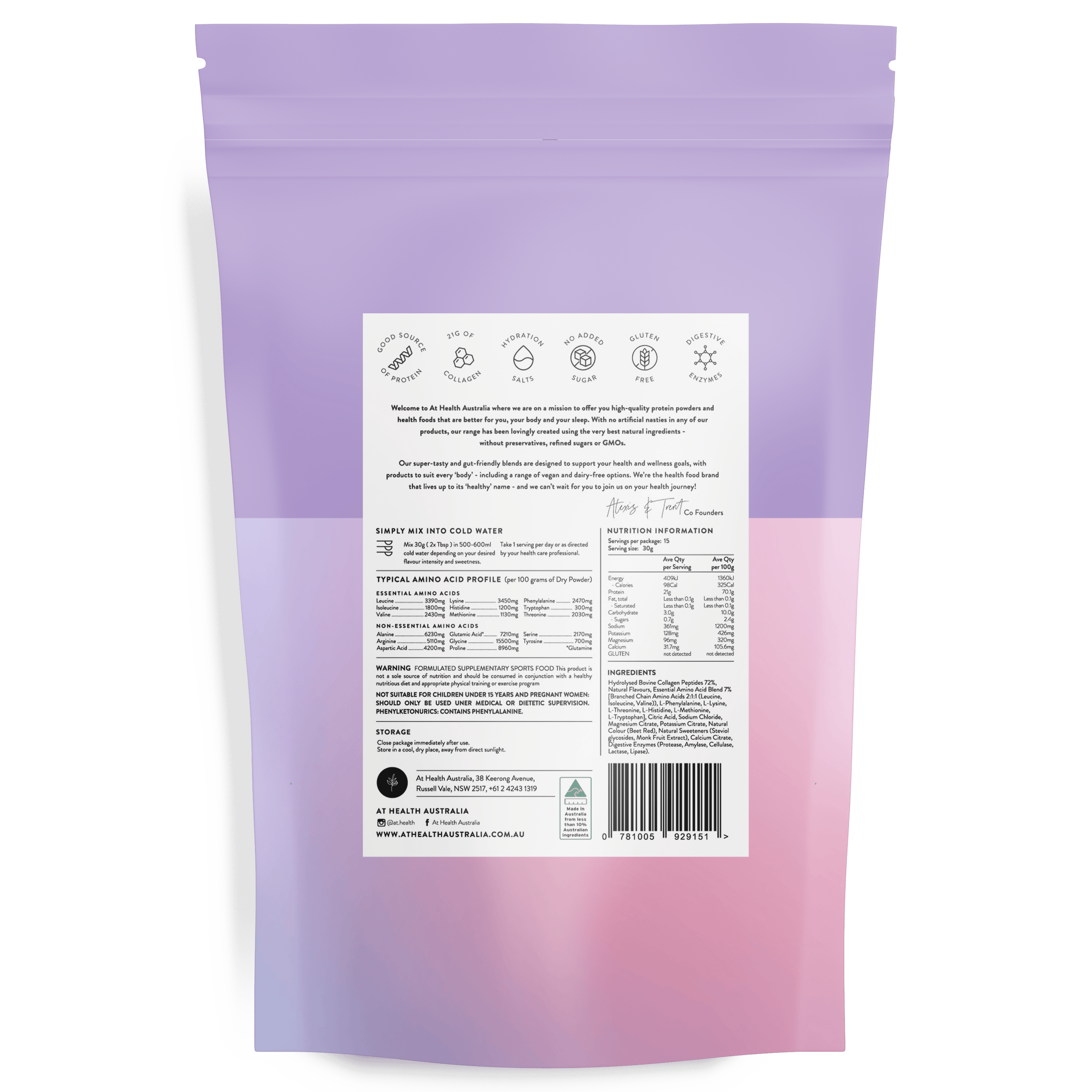At Health Australia Pty Ltd Protein Water Protein Water with Collagen, Hydration Salts &amp; BCAA - Berry Sorbet