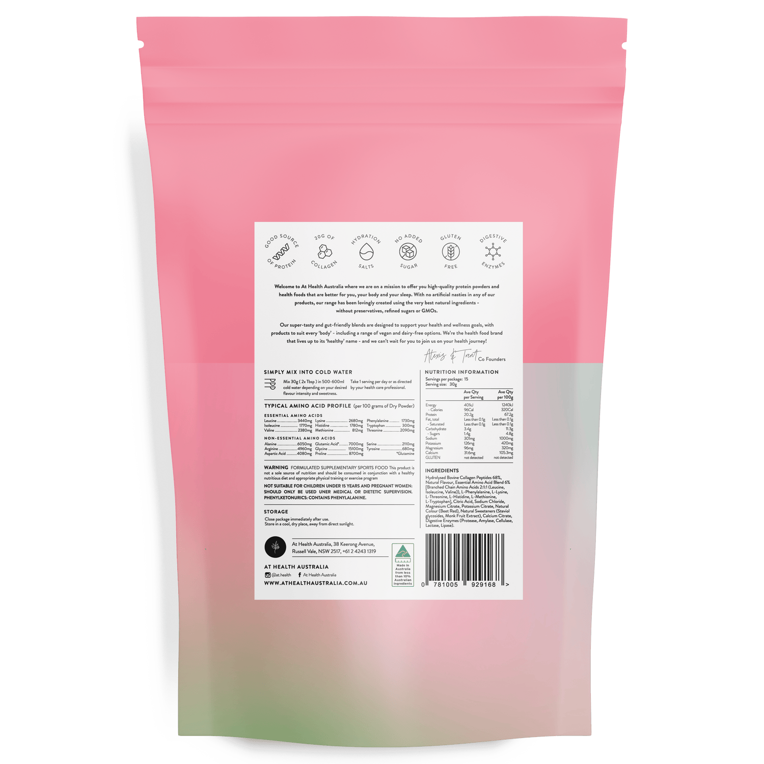At Health Australia Pty Ltd Protein Water Protein Water with Collagen, Hydration Salts &amp; BCAA - Watermelon