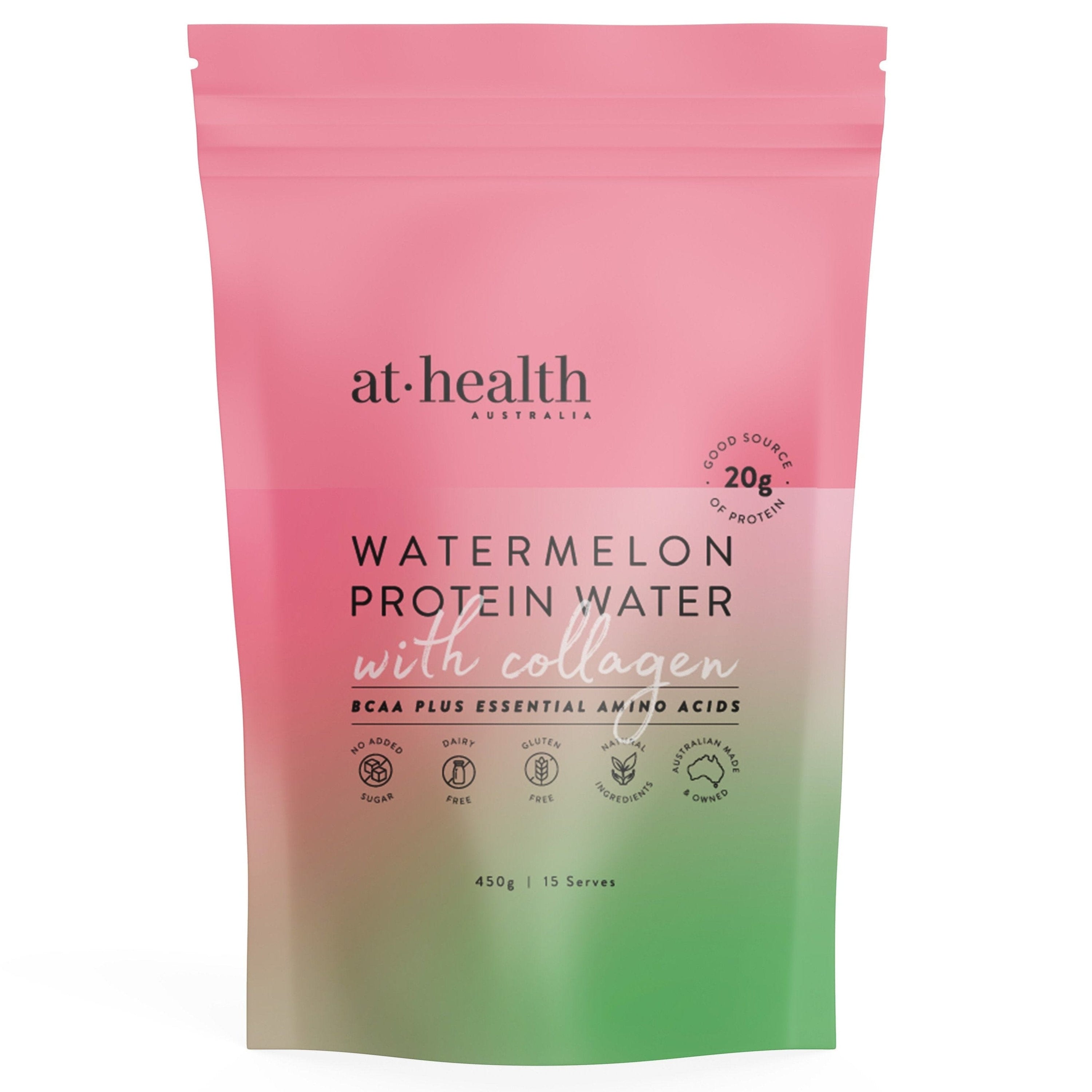 At Health Australia Pty Ltd Watermelon 450g ( 15 serves ) Protein Water with Collagen, Hydration Salts &amp; BCAA - Watermelon