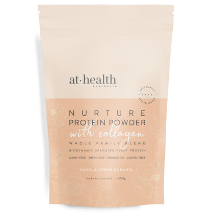 At Health Australia SMALL (450g ) 15 serves Nurture Protein with Collagen - Vanilla Crème Caramel