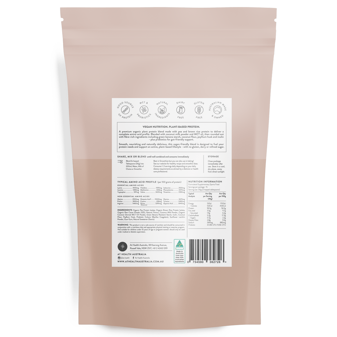 At Health Australia Vegan Vegan Organic Plant Based Protein Powder - Choc-Caramel Fudge